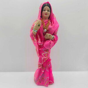 Vintage Pink Saree Traditional Doll Beautiful Details Handmade Indian Woman Sari
